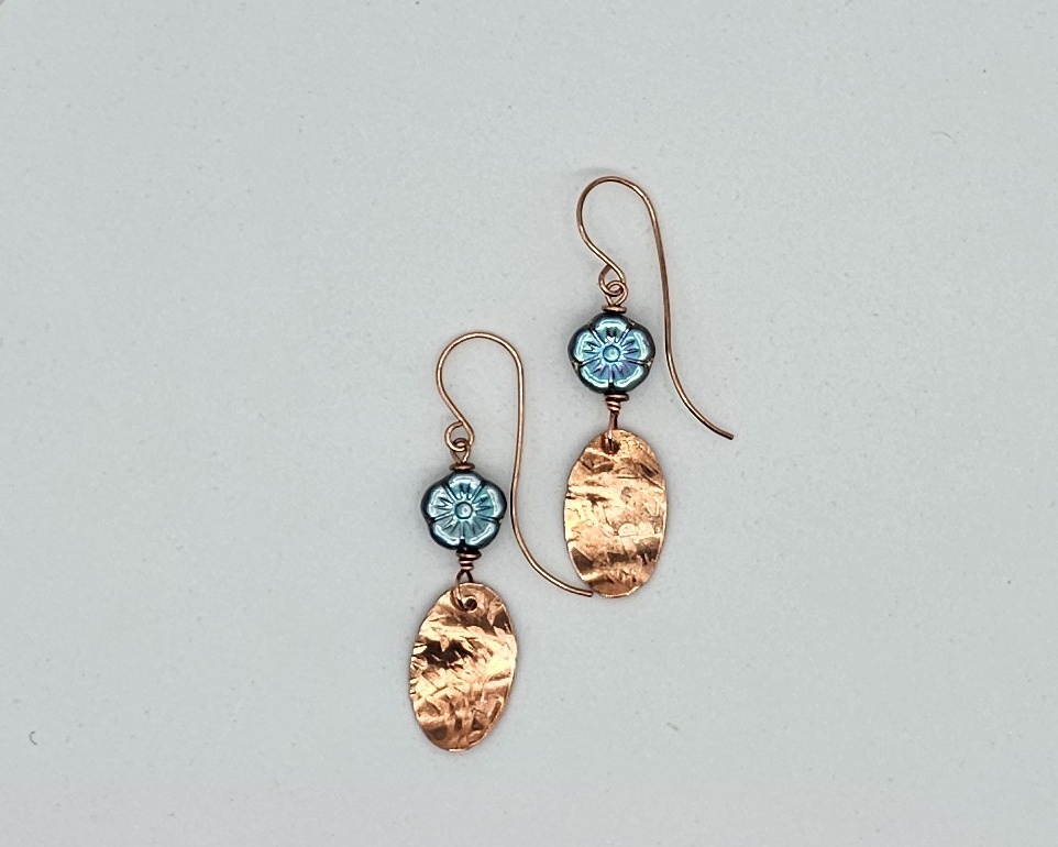 Handmade earrings with blue Czech glass flower beads and hammered copper dangles, romantic artisan jewelry, 1.5 inches long.