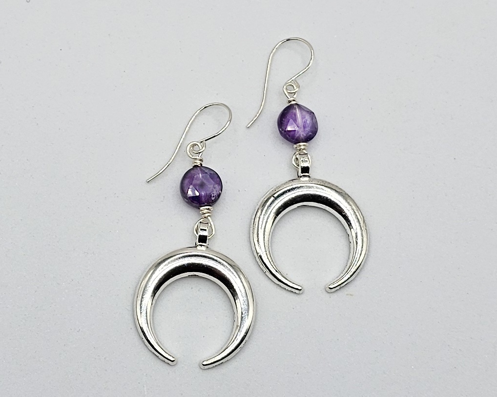 silver toned crescent moon dangles with amethyst coin beads on handmade argentium silver earring wires