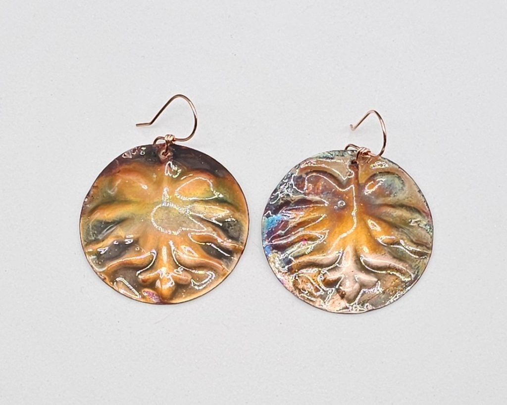 Dangle copper disc earrings embossed and flame painted on hand made copper earring wires