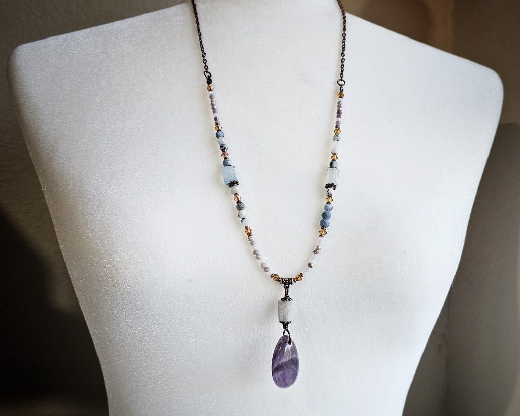 Handmade necklace with amethyst teardrop pendant, aquamarine beads, crystals, copper chain and hook clasp