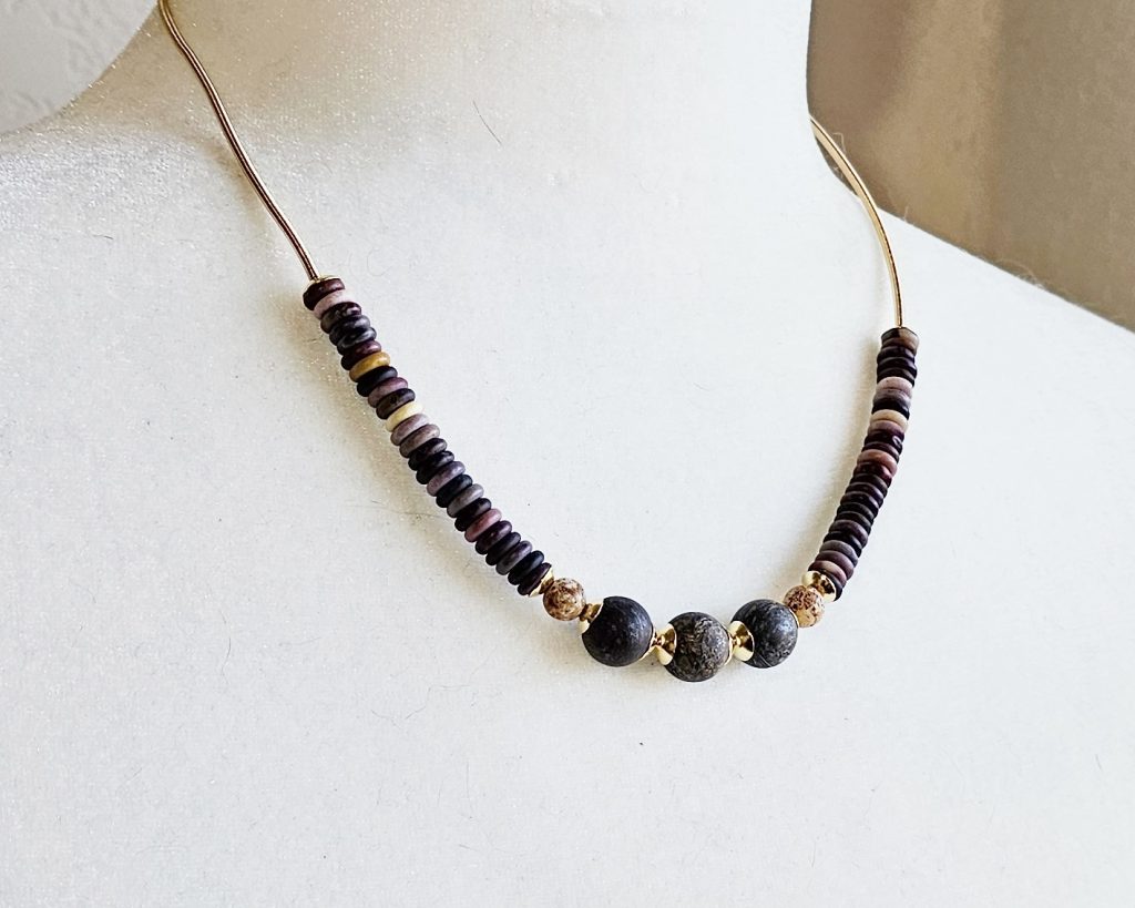 Handmade 17–18 inch necklace with Bronzite, Agate, and Mookaite beads, gold stainless steel accents, and a handmade hook clasp.