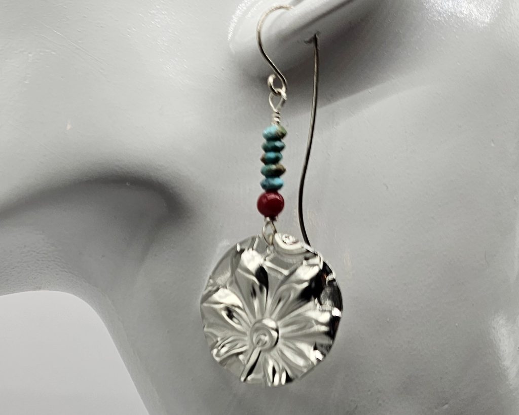 Handmade turquoise, red coral and embossed pewter earrings with Argentium silver ear wires. Lightweight 2-inch artisan dangle earrings.
