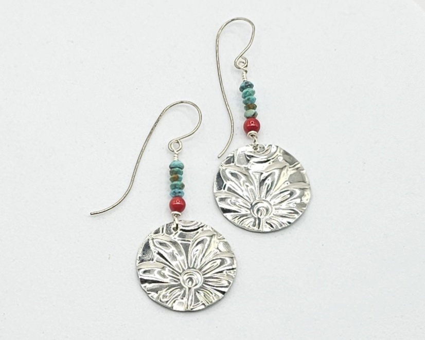 Handmade turquoise, red coral and embossed pewter earrings with Argentium silver ear wires. Lightweight 2-inch artisan dangle earrings.