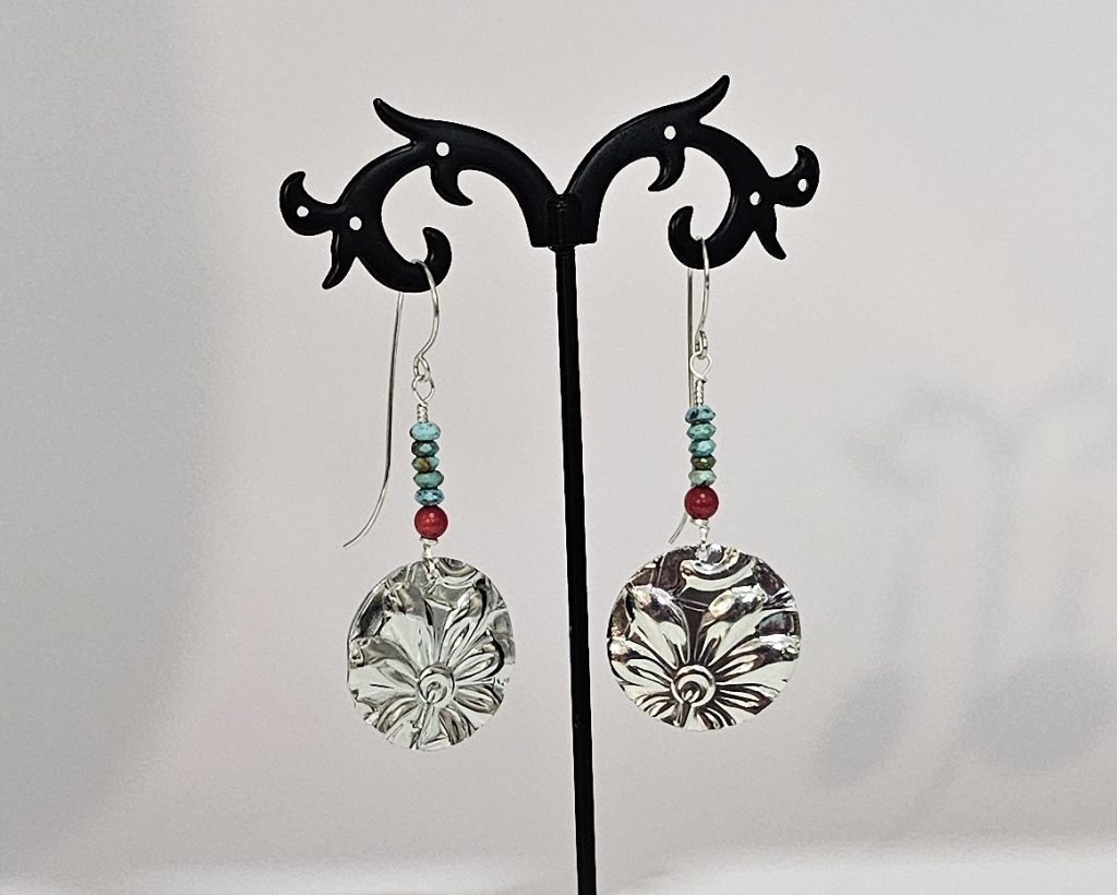 Handmade turquoise, red coral and embossed pewter earrings with Argentium silver ear wires. Lightweight 2-inch artisan dangle earrings.