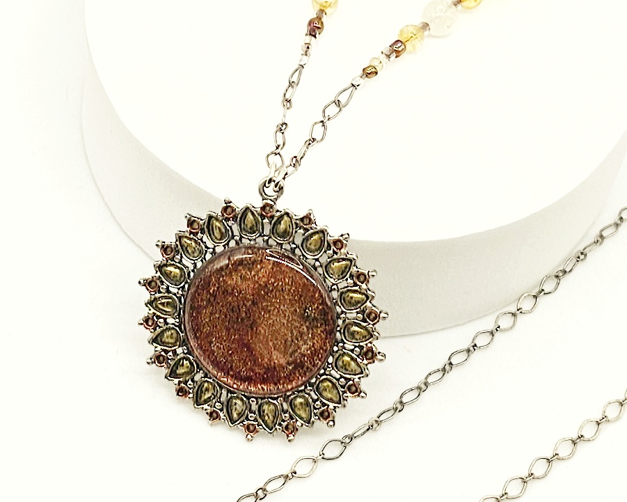 Handmade citrine necklace with antique silver resin pendant, hand colored with alcohol ink and accented with glass seed beads.